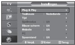 T V Instellingen Plug & Play Taalkeuze : Nederfands Tijd Speimodus : Uit Blauw scherm : Uit Mefodie : Uit PC Spaarstand : Uit VerpL Enter Terug