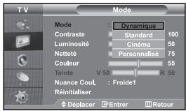 TV Mode Contraste : Dynamique Luminosité : Standard 100 Netteé : Cinéma 50 Couleur : Personnalisé 75 Teinte V 50 R 50 Nuance CouL : Froide1 Réinitialiser Déplacer Entrer Retour