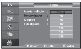 T V Tempo Acertar relógio : Deslig. Temporizador : 30 T. ligado : 60 T desligado : 90 120 150 180 Mover Enter Voltar