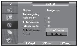 TV Modus : Aangepast Toonregeling SRS TSXT : Uit Auto Volume : Uit Interne mute : Uit Geluldskeuze : Hoofdtuner Reset Subtuner VerpL Enter Terug