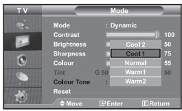 TV Mode Dynamic Contrast 100 Brightness Cool 2 50 Sharpness Cool 1 75 Colour Normal 55 Tint G 50 Warm1 50 Colour Tone : Warm2 Reset Move Enter Return