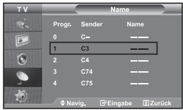 TV Progr. Sender Name 0 C— 1 C3 ——— 2 C4 ——— 3 C74 ——— 4 C75 ——— Navig. Eingabe Zurück