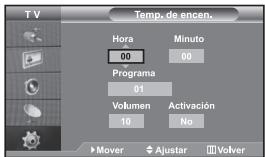 Temp. de encen. Hora Minuto 00 00 Programa 01 Volumen Activación 10 No Mover Àjustar Volver