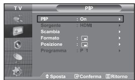 T V PIP : On Sorgente : HDMI Scambia Formato : Posizione : Programma : P 1 Sposta Conferma Ritorno