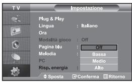 TV Impostazione Plug & Play Lingua : Italiano Ora Modalità gioco : Off Pagina blu : Off Melodia : Bassa PC Risp, energia : Medio Alto Sposta Conferma Ritorno