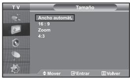 T V Tamaño Ancho automat. 16 : 9 Zoom 4:3 Mover Entrar Volver