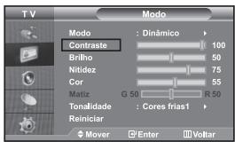 T V Modo Modo : Dinâmico Contraste 100 Brilho 50 Nitidez 75 Cor 55 Matiz G 50 R 50 Tonalidade : Cores frias1 Reiniciar Mover Enter Voltar