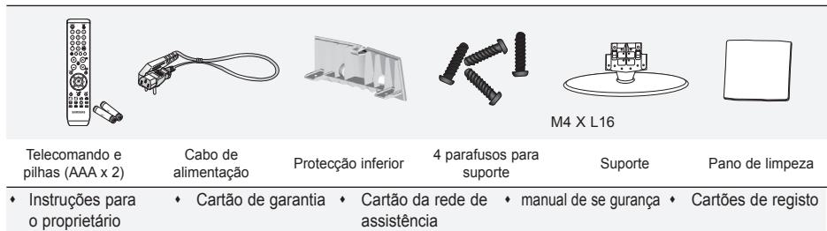 Telecomando e pilhas (AAA x 2) Cabo de alimentação Protecção inferior 4 parafusos para suporte Suporte Pano de limpeza ♦ Instruções para o proprietário ♦ Cartão de garantia ♦ Cartão da rede de assistência ♦ manual de se gurança ♦ Cartões de registo