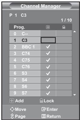 Channel Manager P 1 C3 1 / 10 Prog. 0 C-- 1 C3 2 BBC 1 ✓ 3 C74 ✓ 4 C75 ✓ 5 C76 ✓ 6 S3 ✓ 7 S4 ✓ 8 S6 ✓ 9 S7 ✓ Add Lock Move Enter Page Return