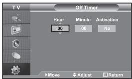 TV Off Timer Hour Minute Activation 00 00 No Move Adjust Return