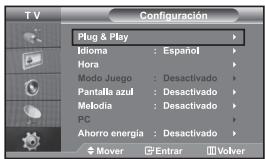 TV Configuración Plug & Play Idioma : Español Hora Modo Juego : Desactivado Pantalla azul : Desactivado Melodia : Desactivado PC Ahorro energía : Desactivado Mover □ Entrar □ Volver