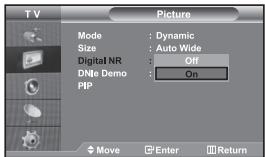 TV Picture Mode : Dynamic Size : Auto Wide Digital NR : Off DNMe Demo : On PIP Move Enter Return