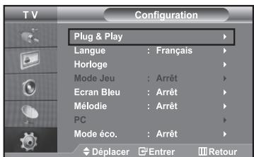 SAMSUNG LE40R73BD - Lorsque le téléviseur est allumé pour la première fois, plusieurs réglages de base sont à faire l'un après l'autre. Ils vous sont automatiquement présentés. Les réglages suivants sont disponibles. - 1