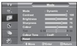 TV Mode Mode : Dynamic > Contrast 100 Brightness 50 Sharpness 75 Colour 55 Tint G 50 R 50 Colour Tone : Cool Reset Move Enter Return