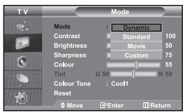 TV Mode Dynamic Contrast Standard 100 Brightness Movie 50 Sharpness Custom 75 Colour 55 Tint G 50 R 50 Colour Tone Cool1 Reset Move Enter Return