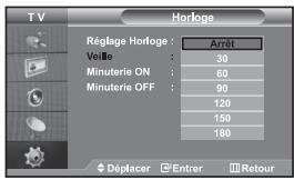 TV Réglage Horloge : Arrêt Véille : 30 Minuterie ON : 60 Minuterie OFF : 90 120 150 180 Déplacer Entrer Retour