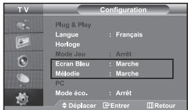 TV Configuration Plug & Play Langue : Français Hofoge Mode Jeu : Arrêt Ecran Bleu : Marche Méthodie : Marche PC Mode éco. : Arrêt Déplacer Entrer Retour
