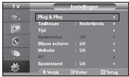 T V Instellingen Plug & Play Taalkeuze : Nederlands Tijd Spelmodus : Uit Blauw scherm : Uit Melodie : Uit PC Spaarstand : Uit VerpL Enter Terug
