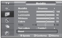 TV Modalità Modalità : Dinamica > Contrasto 100 Luminosità 50 Nitidezza 75 Colore 55 Tinta V 50 R 50 Toni colore : Freddo1 > Reset Sposta Conferma Ritorno