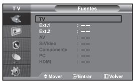 TV Fuentes TV Ext.1 : —— Ext.2 : —— AV : —— S-Video : —— Componente : —— PC : —— HDMI : —— Mover Enrar Volver