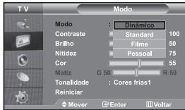 T V Modo Modo : Dinâmico Contraste Standard 100 Brilho Filme 50 Nitidez Pessoal 75 Cor 55 Matiz G 50 R 50 Tonalidade : Cores frias1 Reiniciar Mover Enter Voltar