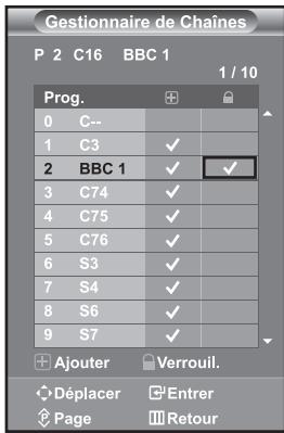 Gestionnaire de Chaînes P 2 C16 BBC 1 1 / 10 Prog. 0 C-- 1 C3 ✓ 2 BBC 1 ✓ ✓ 3 C74 ✓ 4 C75 ✓ 5 C76 ✓ 6 S3 ✓ 7 S4 ✓ 8 S6 ✓ 9 S7 ✓ + Ajouter Verrouil. Déplacer Entrer Page Retour