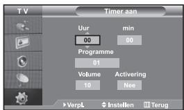 TV Timer aan Uur 00 min 00 Programme 01 Volume 10 Activering Nee Verpl Instellen Terug
