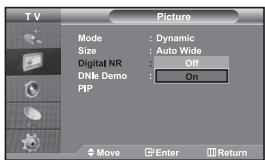TV Picture Mode : Dynamic Size : Auto Wide Digital NR : Off DNk Demo : On PIP Move Enter Return
