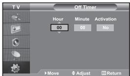 TV Off Timer Hour Minute Activation 00 00 No Move Adjust Return