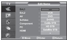 TV Edit Name Ext.1 : — Ext.2 : VCR AV : DVD S-Video : D-VHS Component : Cable STB PC : HD STB HDMI : Satellite STB Move Enter Return