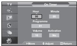 TV On Timer Hour 00 Minute 00 Programme 01 Volume 10 Activation No Move Adjust Return