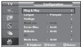 Configuration Plug & Play Langue : Français Horloge Mode Jeu : Arrêt Ecran Bleu : Arrêt Méodie : Arrêt PC Mode éco. : Arrêt Déplacer Entrer Retour