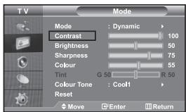 TV Mode Mode : Dynamic > Contrast 100 Brightness 50 Sharpness 75 Colour 55 Tint G 50 R 50 Colour Tone : Cool Reset Move Enter Return