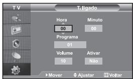 T. ligado Hora Minuto 00 00 Programa 01 Volume Ativar 10 Não Mover Ajustar Voltar