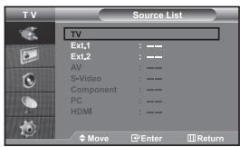TV Source List TV Ext,1 : —— Ext,2 : —— AV : —— S-Video : —— Component : —— PC : —— HDMI : —— Move Enter Return