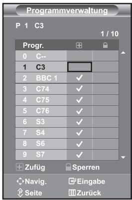 Programmverwaltung P 1 C3 1 / 10 Progr. 0 C-- 1 C3 2 BBC 1 ✓ 3 C74 ✓ 4 C75 ✓ 5 C76 ✓ 6 S3 ✓ 7 S4 ✓ 8 S6 ✓ 9 S7 ✓ Zufüg Sperren Navig. Eingabe Seite Zurück
