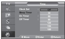 TV Clock Set : Off Sleep Timer : 30 On Timer : 60 Off Timer : 90 120 150 180 Move Enter Return