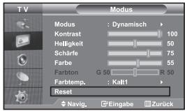 TV Modus Modus : Dynamisch > Kontrast 100 Helligkeit 50 Schärfe 75 Farbe 55 Farbton G 50 R 50 Farbtemp. : Kalt1 Reset Navig. Eingabe Zurück