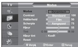 Modus Modus : Dynamisch Contrast Standaard 100 Helderheid Film 50 Scherpte Aangepast 75 Kleur 55 Tint G 50 R 50 Kleur tint : Koeft Reset VerpL Enter Terug