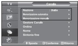 TV Canale Nazione : Italia Memorizzazione automatica Memorizzazione manuale Gestore Canale Ordina Nome Sintonia fine Sposta Conferma Ritorno
