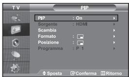 T V PIP : On Sorgente : HDMI Scambia Formato : Posizione : Programma : P 1 Sposta Conferma Ritorno