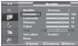TV Modalità Modalità : Dinamica Contrasto 100 Luminosità 50 Nitidezza 75 Colore 55 Tinta V 50 R 50 Toni colore : Freddo1 Reset Sposta Conferma Ritorno