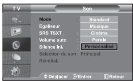 TV Son Mode : Standard Egaliseur : Musique SRS TSXT : Cinéma Volume auto : Parole Silence Int. : Personnalisé Selection du son : Principal Réinitial Déplacer Entrer Retour