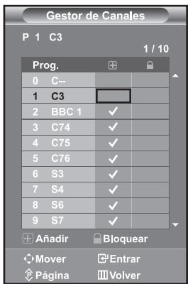 Gestor de Canales P 1 C3 1 / 10 Prog. 0 C-- 1 C3 2 BBC 1 ✓ 3 C74 ✓ 4 C75 ✓ 5 C76 ✓ 6 S3 ✓ 7 S4 ✓ 8 S6 ✓ 9 S7 ✓ Añadir Bloquear Mover Entrar Página Volver
