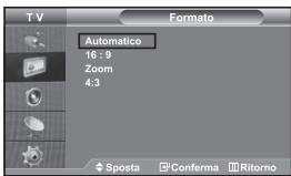 TV Formato Automatico 16 : 9 Zoom 4:3 Sposta Conferma Ritorno