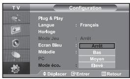 Configuration Plug & Play Langue : Français Horloge Mode Jeu : Arrêt Ecran Bleu : Arrêt Métodie : Bas PC : Moyen Mode éco. : Elevé Déplacer Entrer Retour