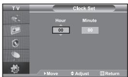 TV Clock Set Hour 00 Minute 00 Move Adjust Return