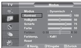 Modus Komtrast : Dynamisch 100 Helligkeit 50 Schärfe 75 Farbe 55 Farbton G 50 R 50 Farbtemp. : Kalt1 Reset Navig. Eingabe Zurück