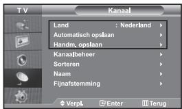 TV Kanaal Land : Nederland > Automatisch opslaan > Handm, opslaan > Kanaaabeheer > Sorteren > Naam > Fijnafstemming > VerpL Enter Terug