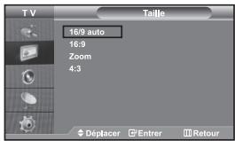 TV Taille 16/9 auto 16:9 Zoom 4:3 Déplacer Entrer Retour